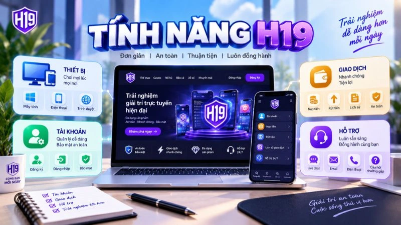 Các tính năng H19 về thiết bị, tài khoản, giao dịch và hỗ trợ người dùng